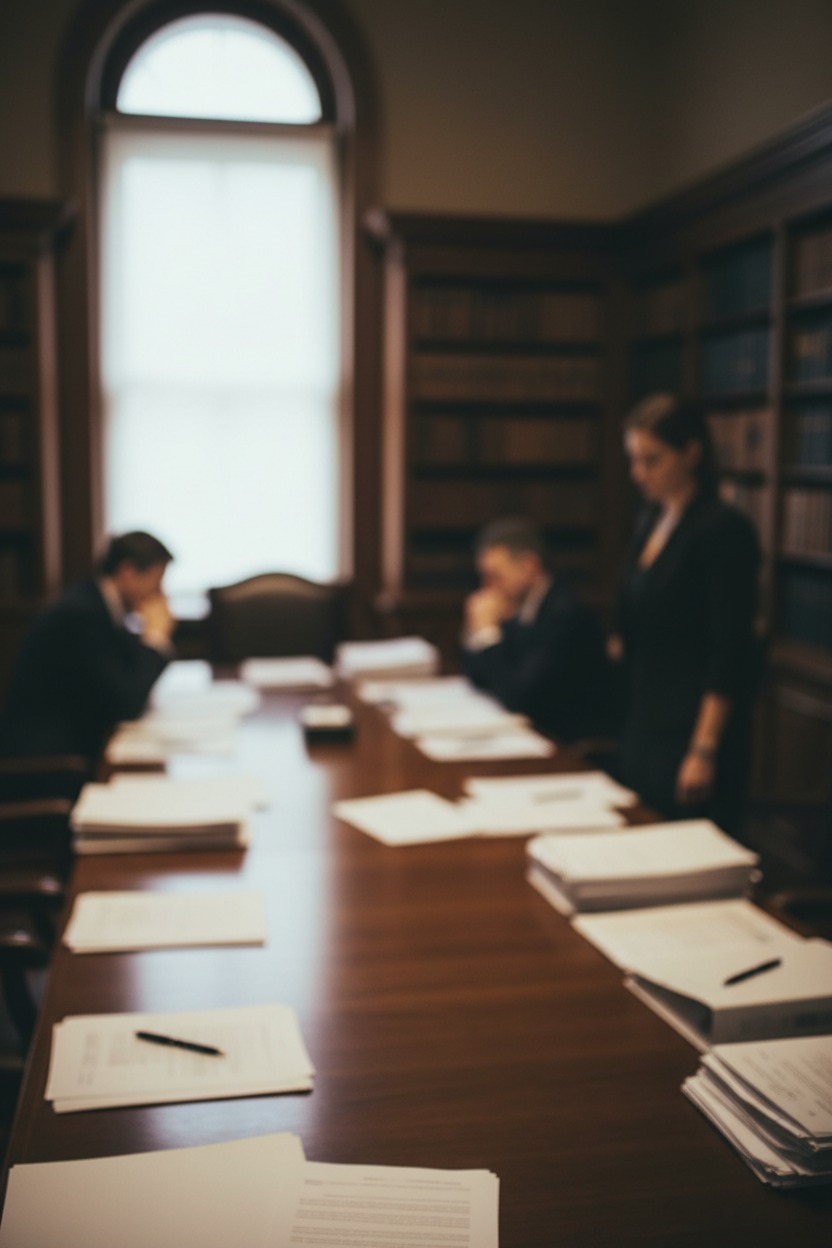 imagem desfocada de uma mesa com pesssoas em lado oposto da mesa, como se fosse realizar um divorcio. em cima da mesa papeis. pode ter uma pessoas em pe. uma imagem como se fosse uma sala de advocacia.