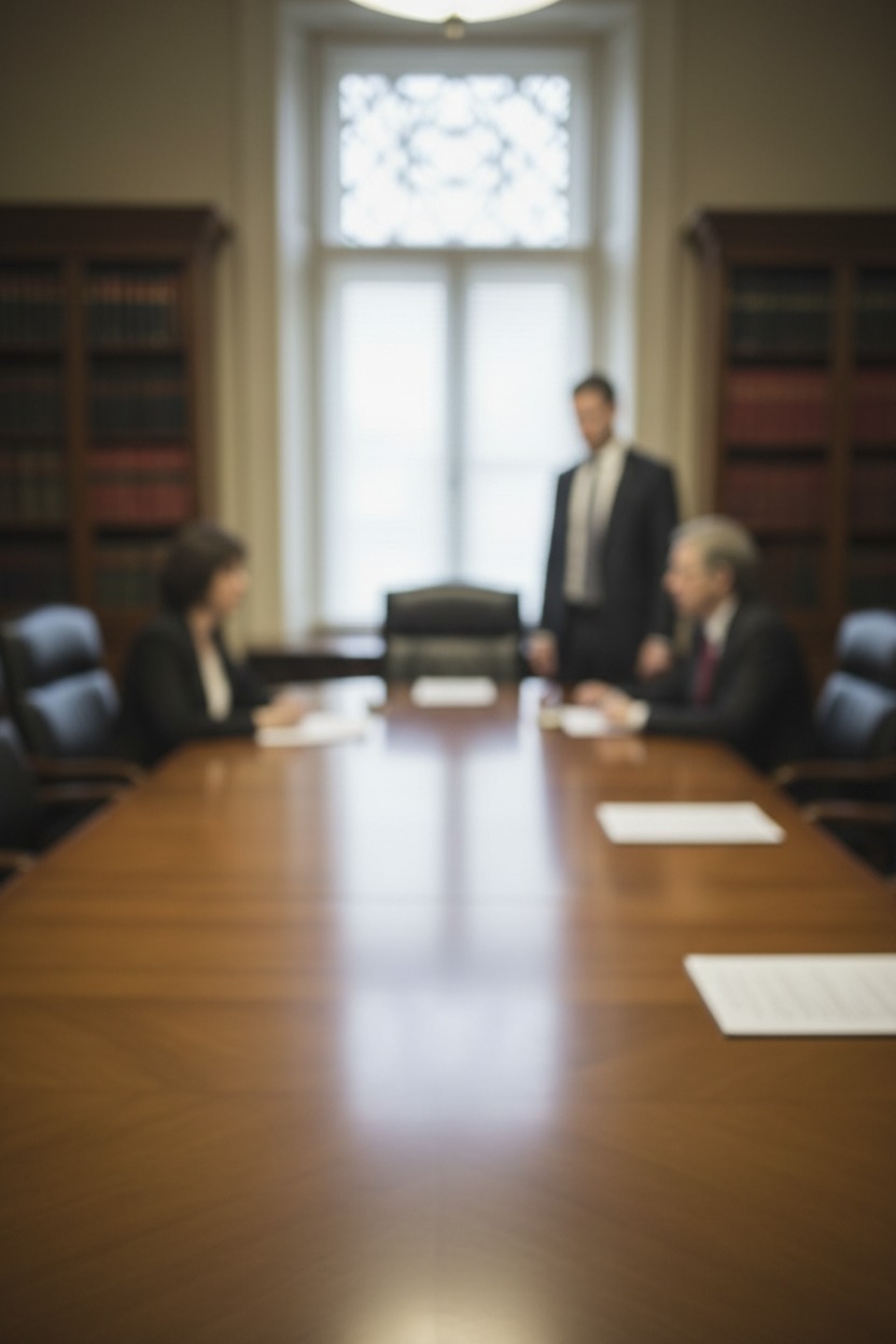 imagem desfocada de uma mesa com pesssoas em lado oposto da mesa, como se fosse realizar um divorcio. em cima da mesa poucos papeis. pode ter uma pessoas em pe. uma imagem como se fosse uma sala de advocacia.